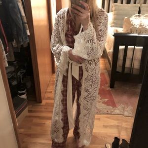 True white see through, lace long robe with silky waist band